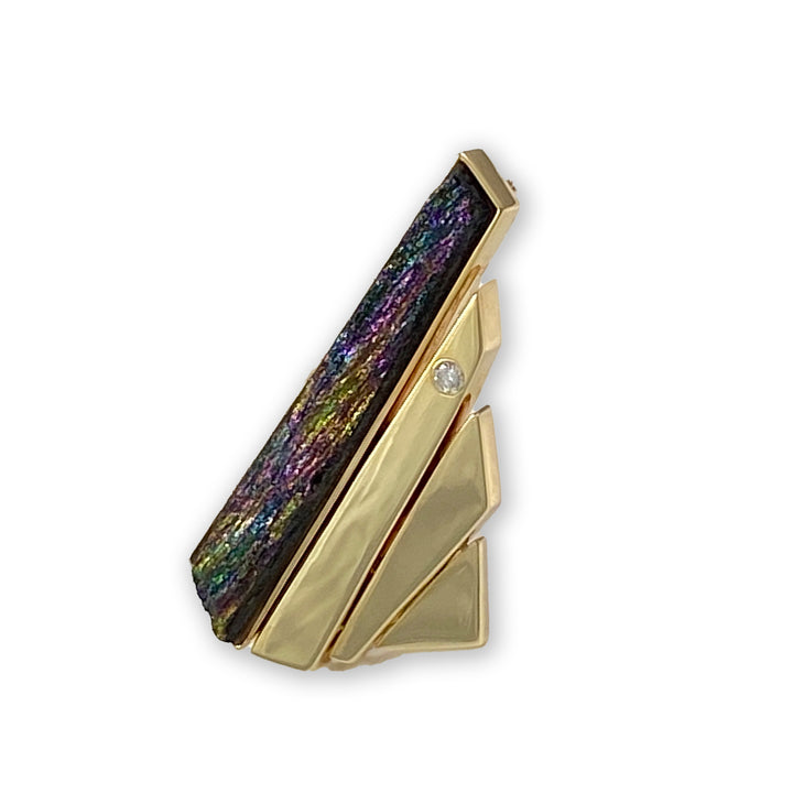 14 karat stepped brooch with rainbow flecked rectangle stone and one small diamond custom design-Kelli Montgomery Jewelry