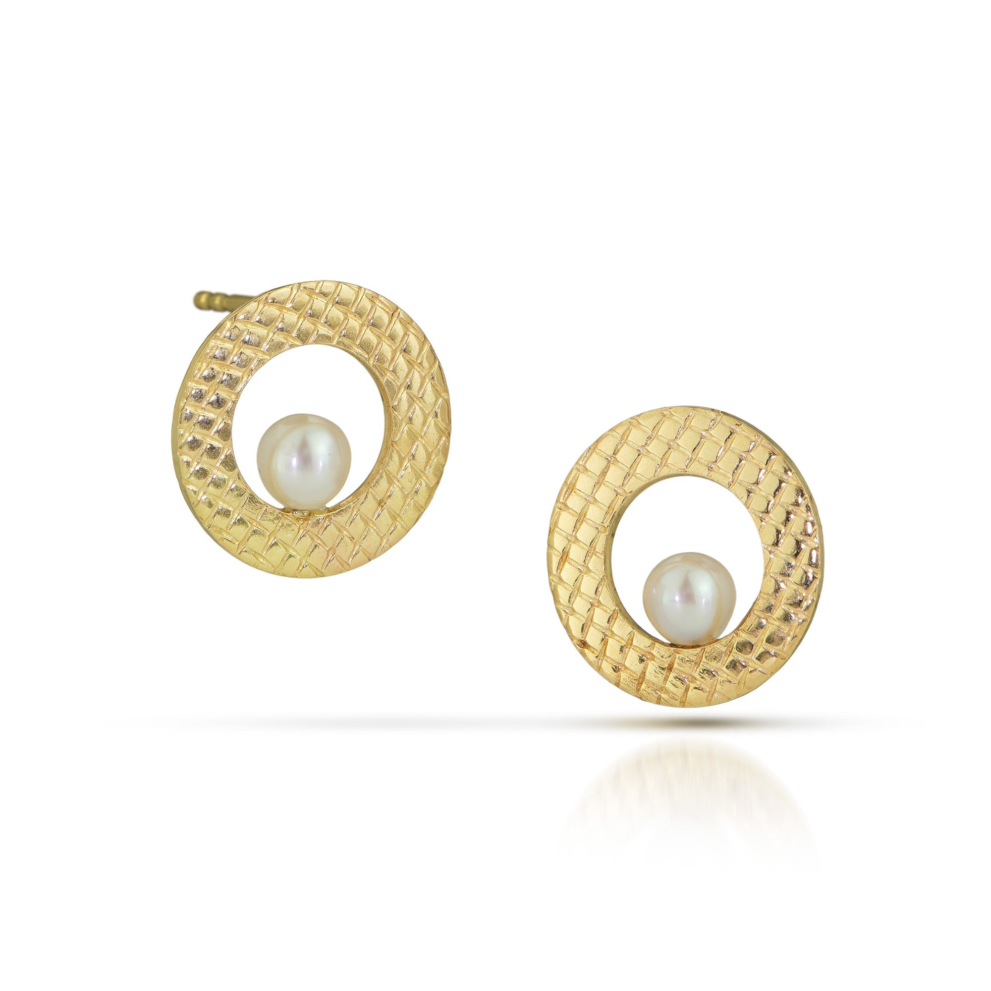 Gold hoop earrings with pearl centers on a white background-Kelli Jewelry