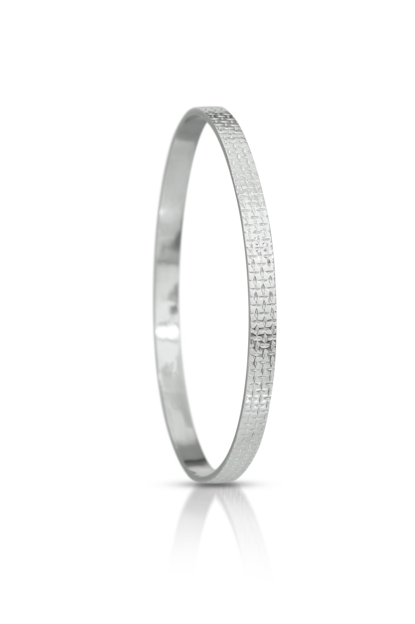 Silver bracelet with criss cross textured design on a white background