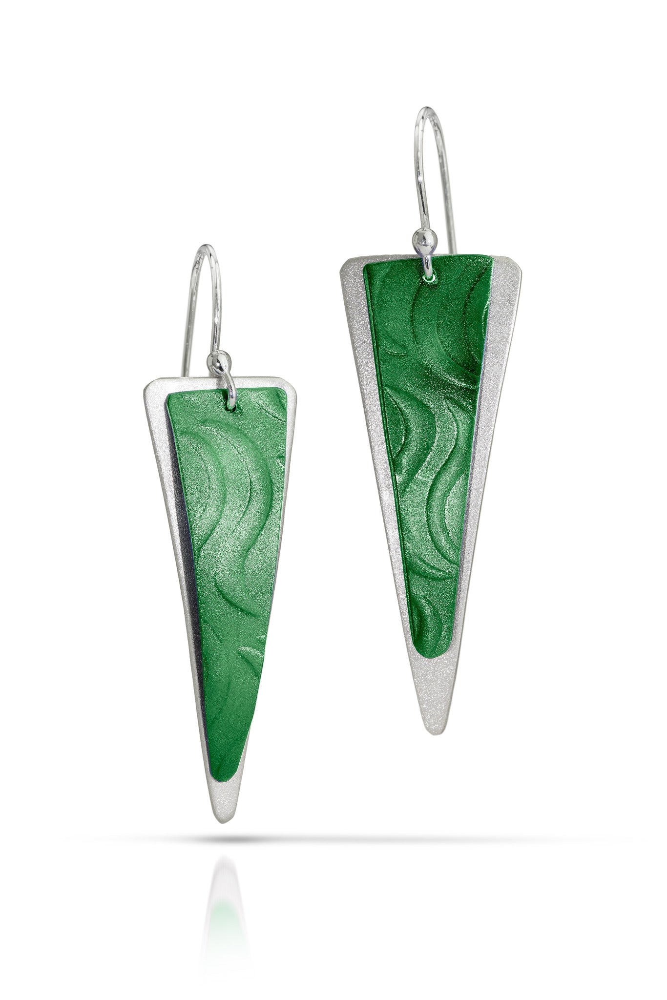 Green triangular earrings with silver accents on a white background