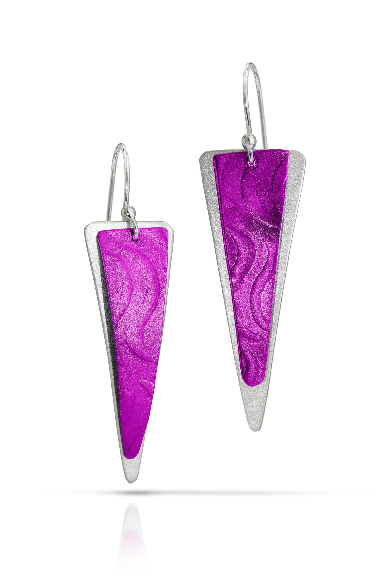 Pair of purple triangular earrings with silver accents on a white background