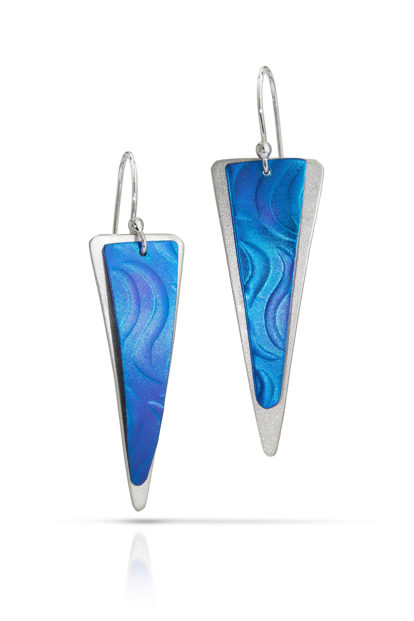 Blue purple  marbled triangle earrings with silver accents on a white background