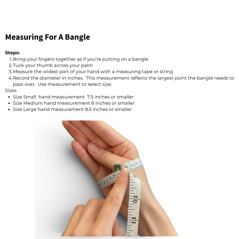 Instructions on measuring for a bangle with a hand and measuring tape.