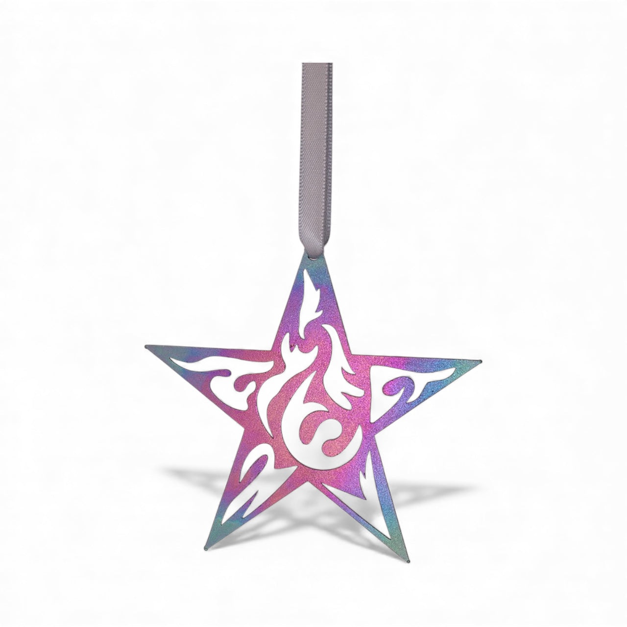 Star-shaped ornament with dragon design on a white background