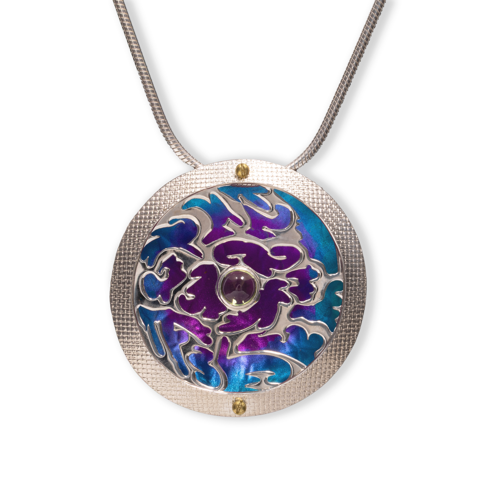 Decorative pendant necklace with a blue and purple design on a white background-Kelli Jewelry