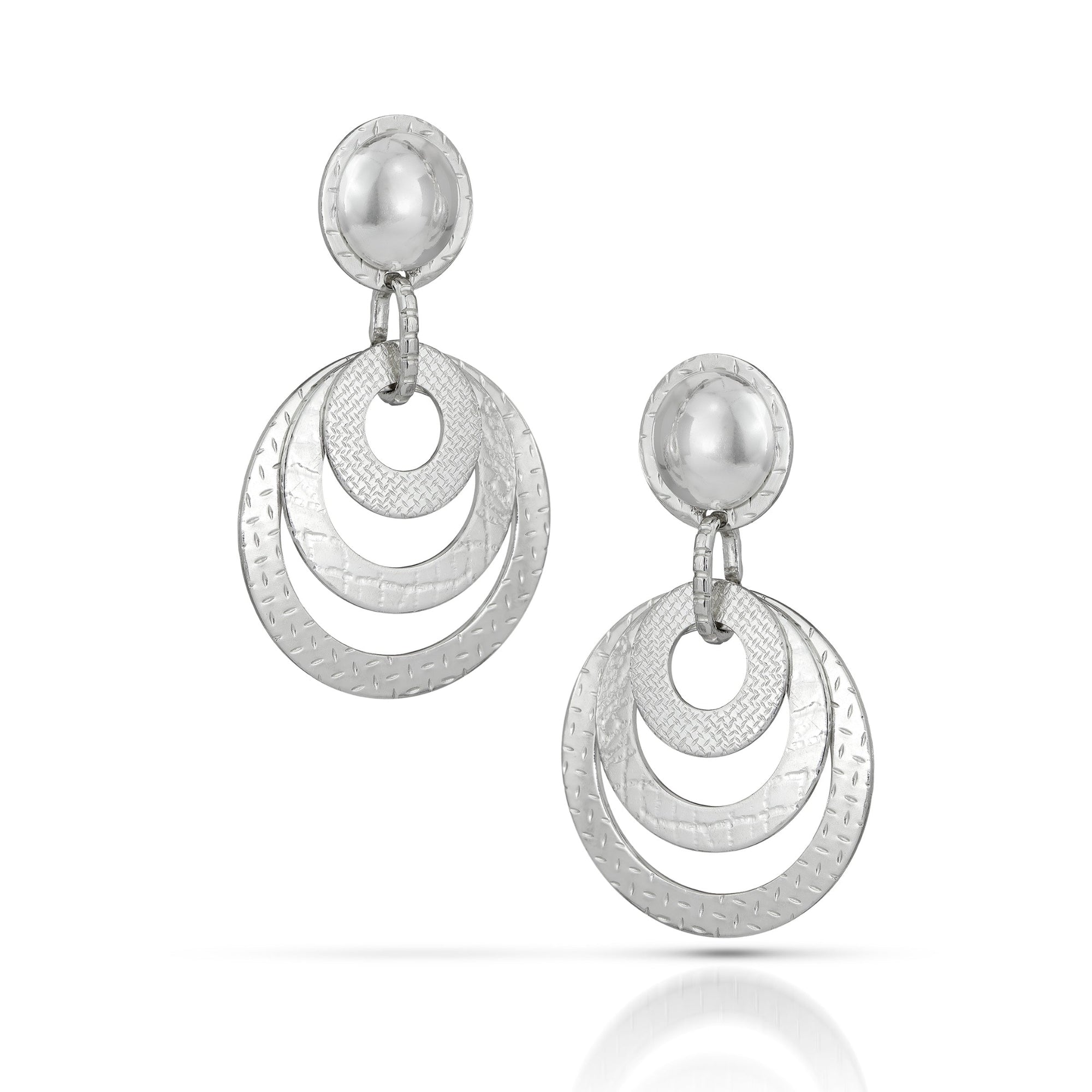 Pair of silver earrings with circular designs on a white background-Kelli Jewelry