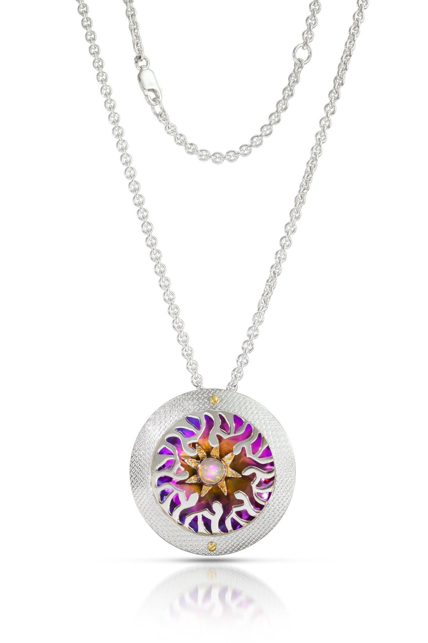 Silver necklace with a colorful pendant on a white background